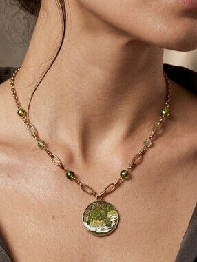 Vintage-style Enamel Lotus Flower Medallion Necklace Cottagecore 10" Glass Beads